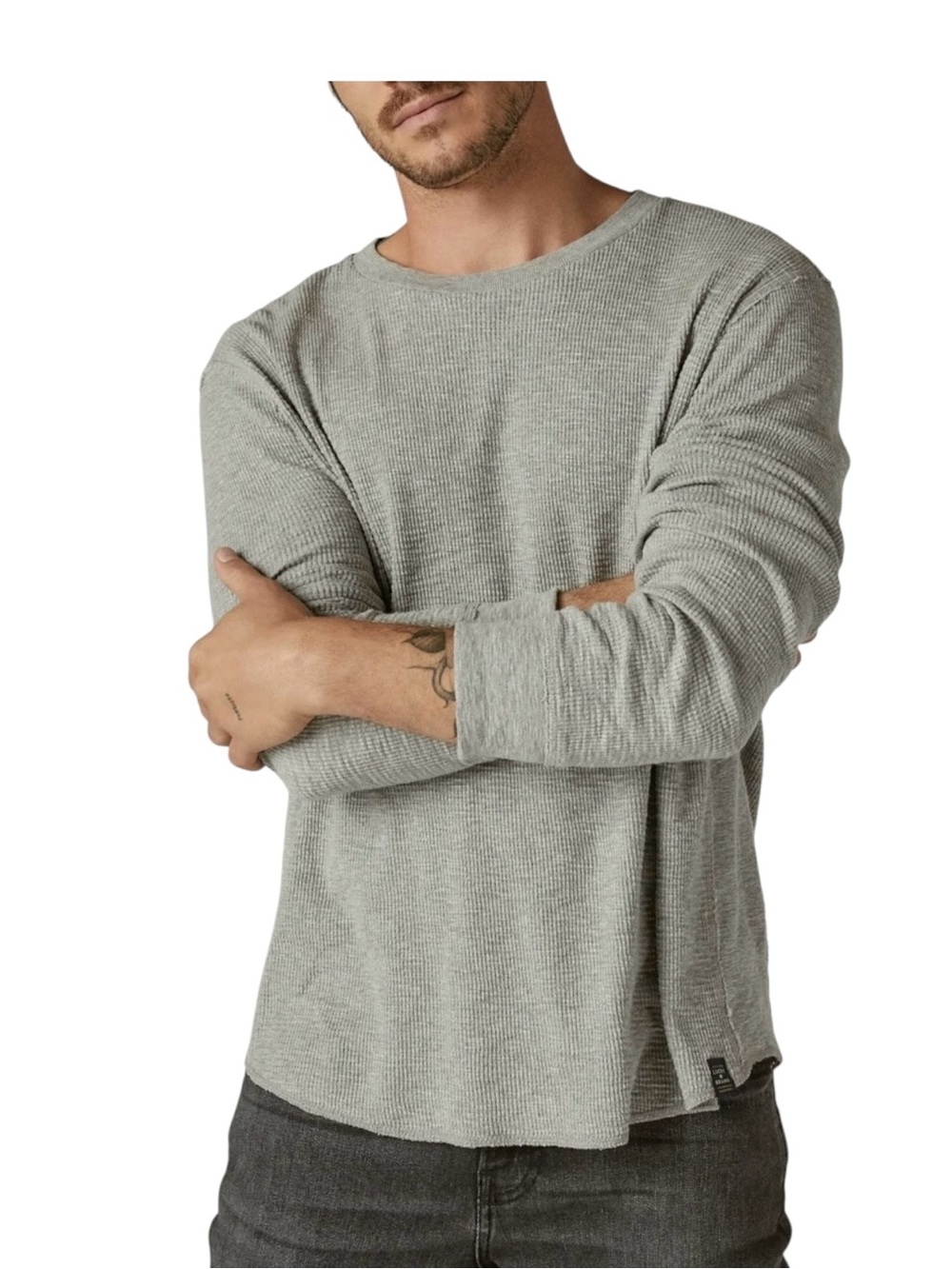 Lucky Brand Men’s Light Grey Thermal Long-Sleeve Waffle Knit T Shirt Size Large